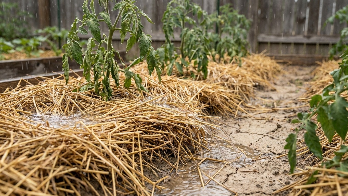 J'ai empilé 15 cm de paille sèche au pied de mes tomates juste pour garder la fraîcheur : après trois averses, j'ai compri...