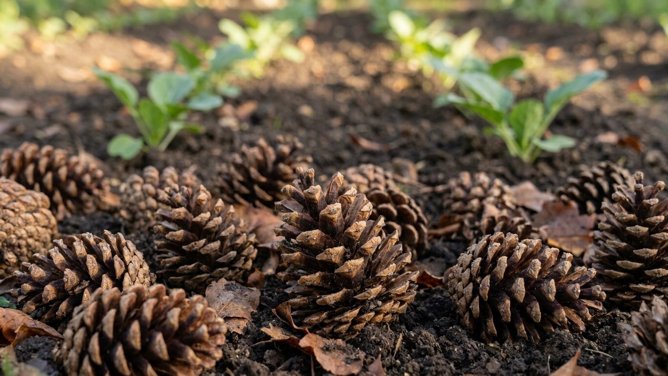Mon voisin étale des pommes de pin entières entre ses lignes de semis d'automne et ce n'est pas pour protéger du froid