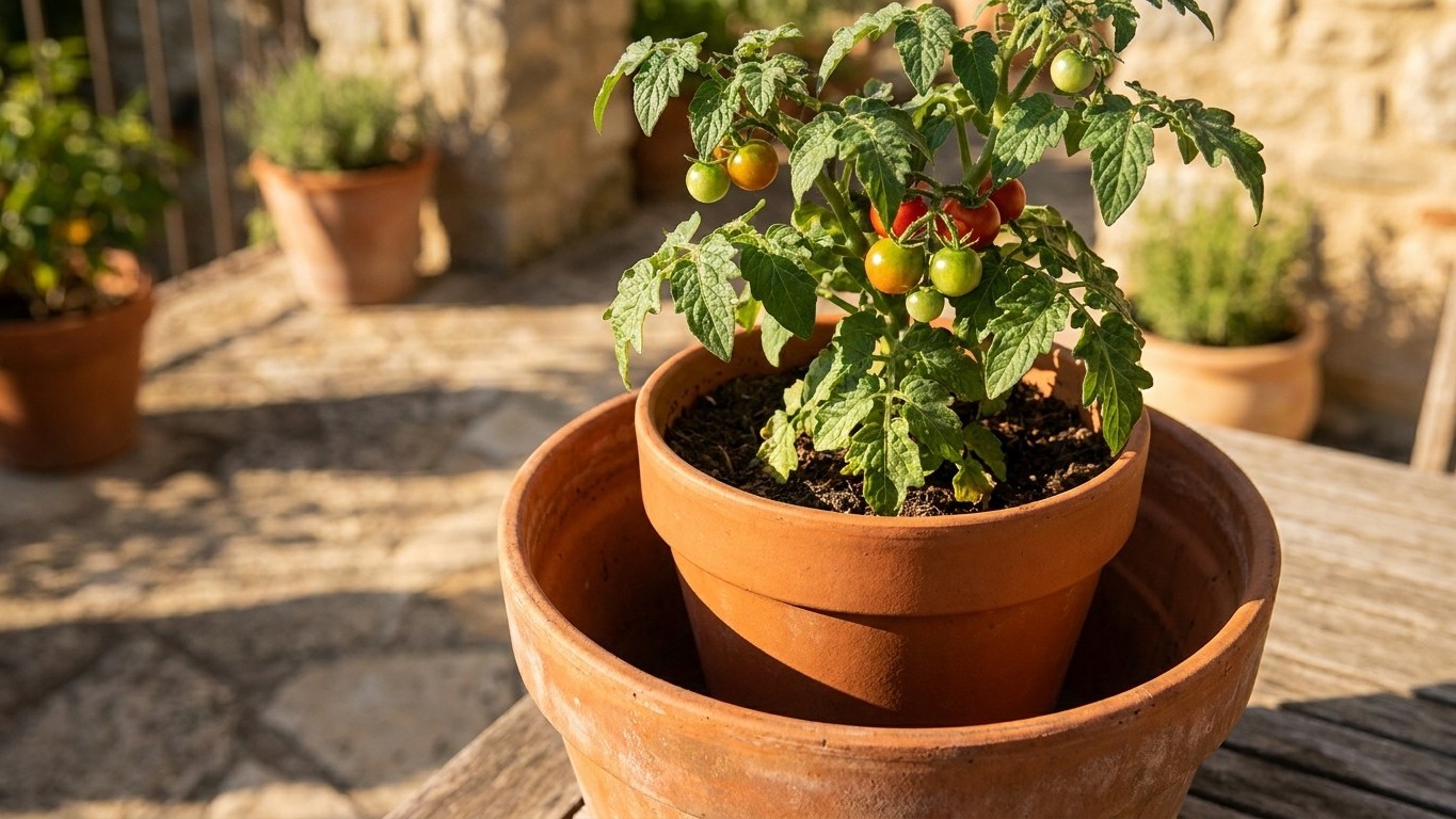 Mon voisin glisse toujours le pot de ses tomates cerises dans un second pot vide dès juillet et ce n'est pas pour la déco