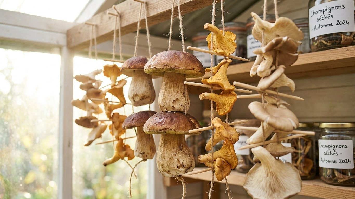 Sécher les champignons du potager pour l'hiver : la technique du fil qui évite la moisissure