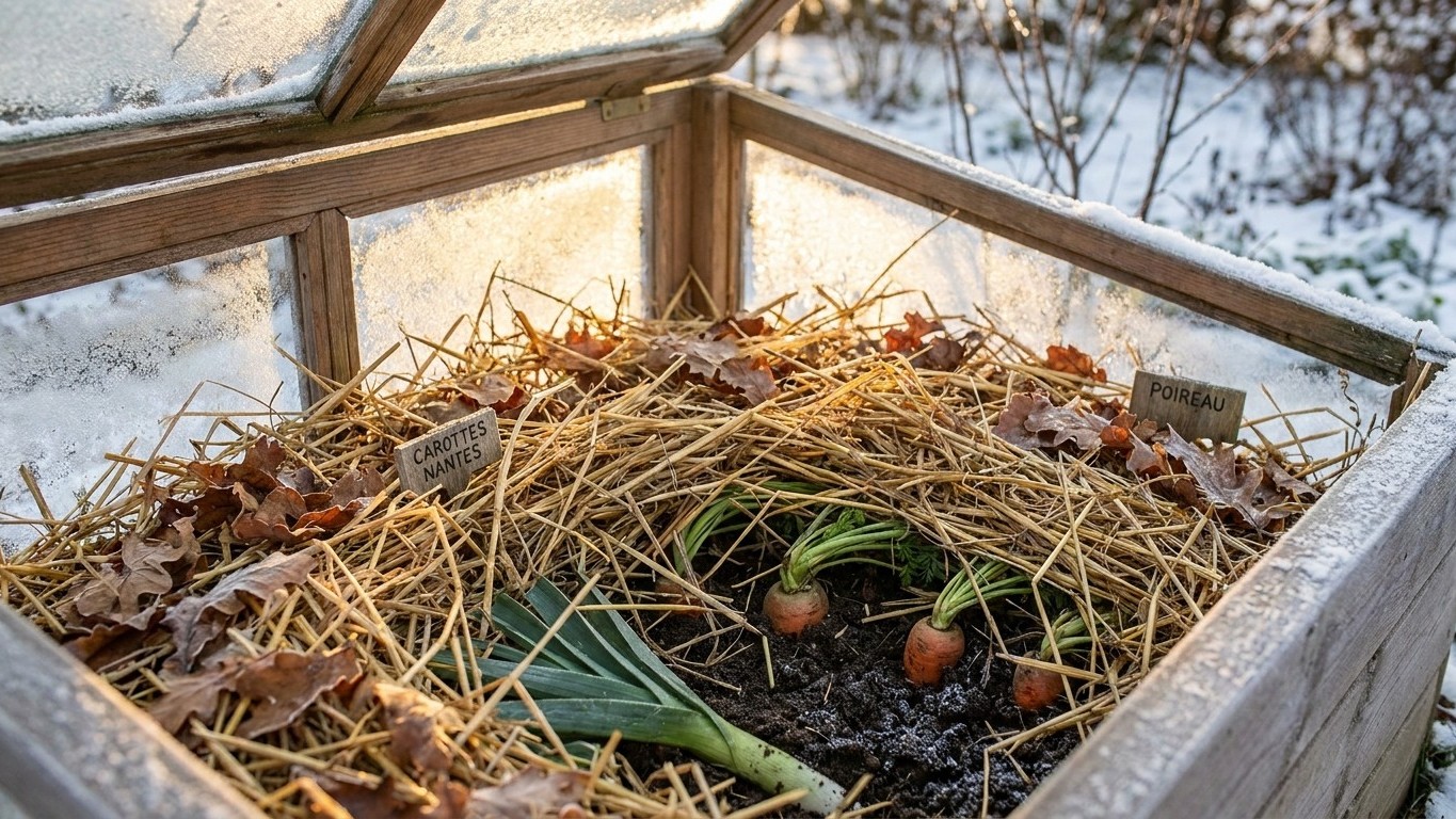 Carottes et poireaux sous châssis en hiver : la technique du paillage qui les protège