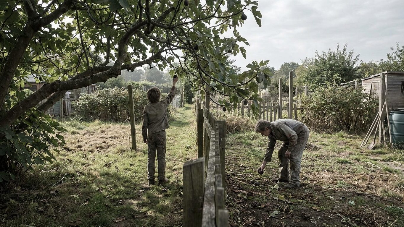 Deux voisins ramassent chacun une figue sous la même branche qui déborde du potager : un seul est dans son droit