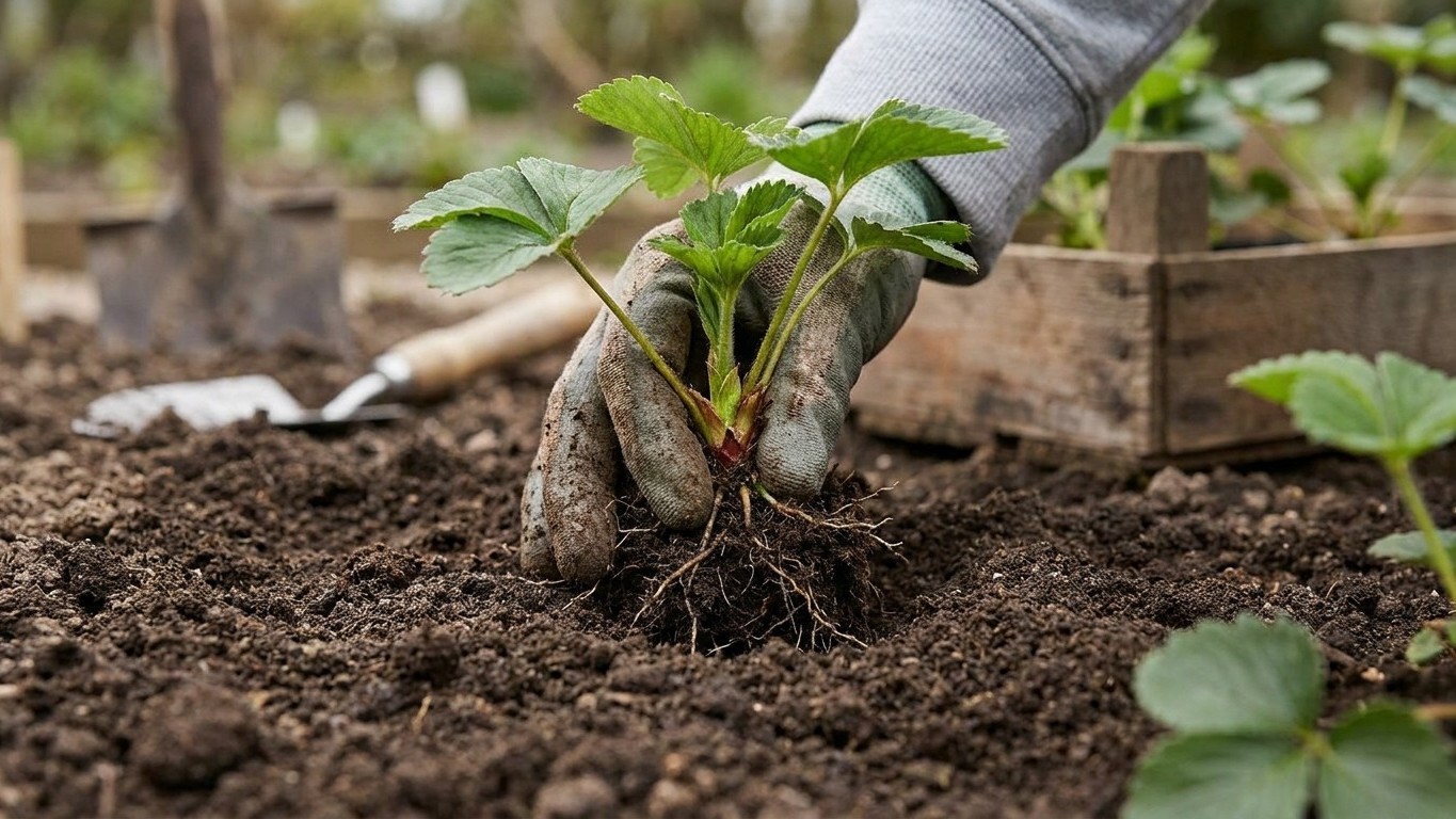 Les anciens ne recouvraient jamais ce point précis en plantant leurs fraisiers d'automne : le rang le rappelle dès le prin...