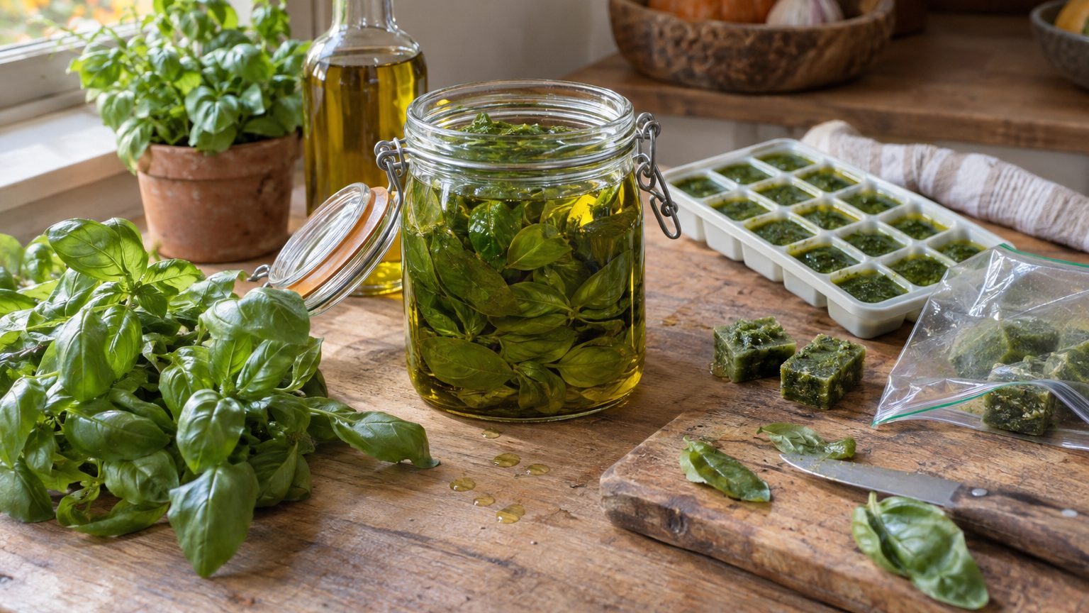 Basilic conservé dans l'huile d'olive : méthode, durée et usages